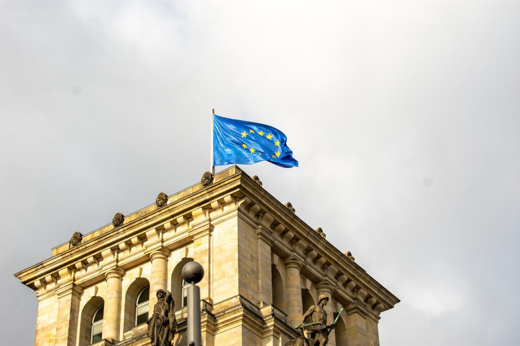 European Union flags outside EU building