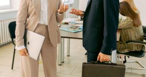 Two professionals discussing a career transition into the NGO sector