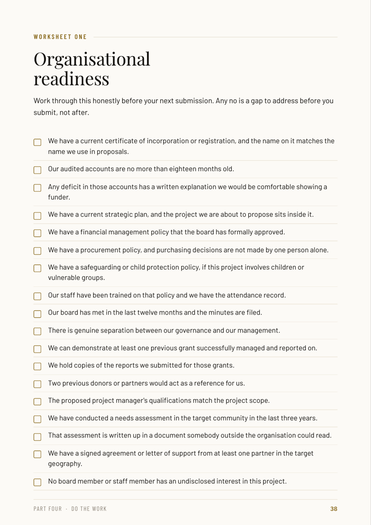 A page from the guide showing the organisational readiness worksheet